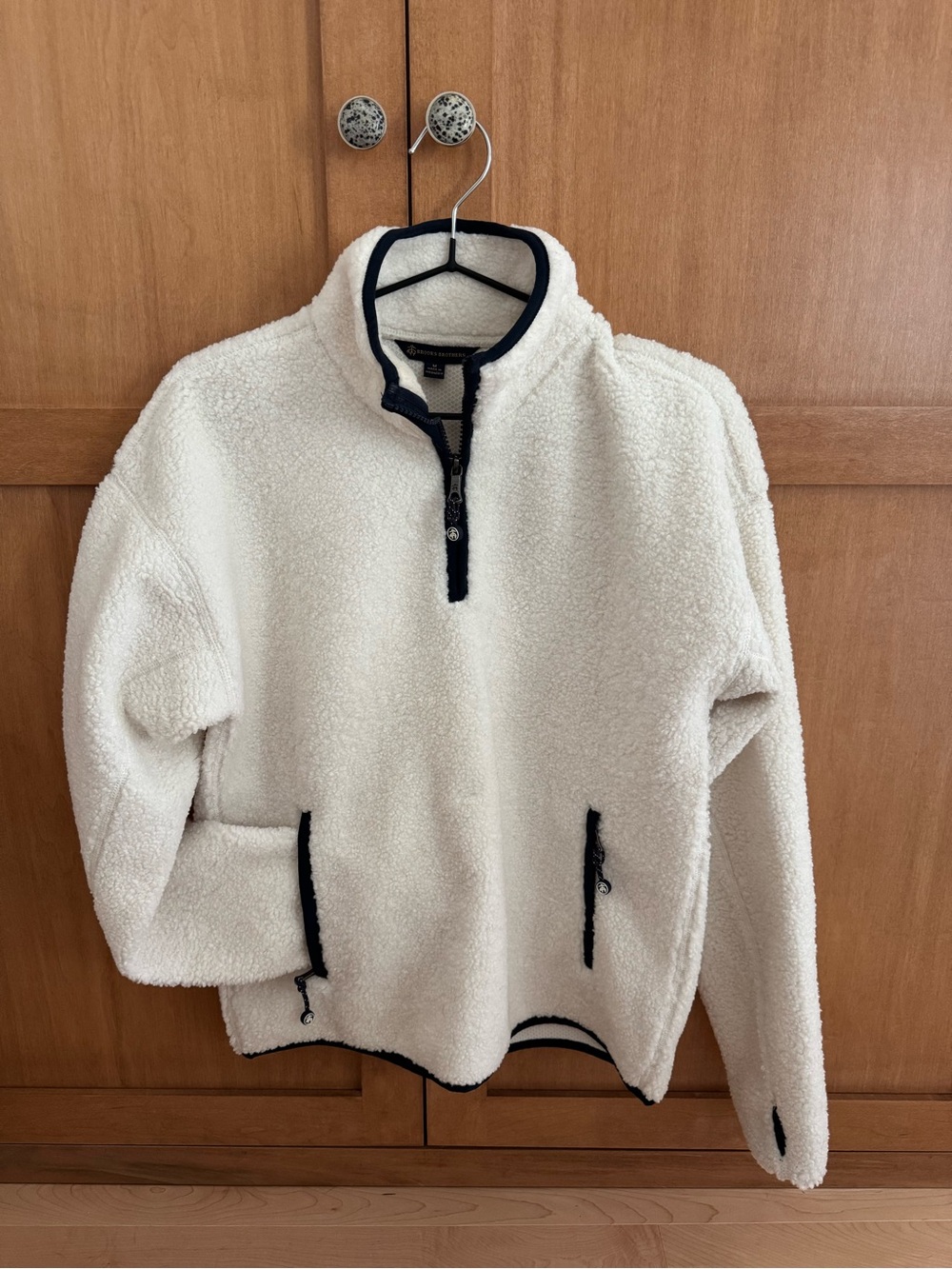 Brooks Brothers Cream Sherpa Quarter Zip Pullover with Navy Trim